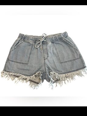 Y4- DT Jeans 2XL Frayed Hem Drawstring Denim Shorts - Gray